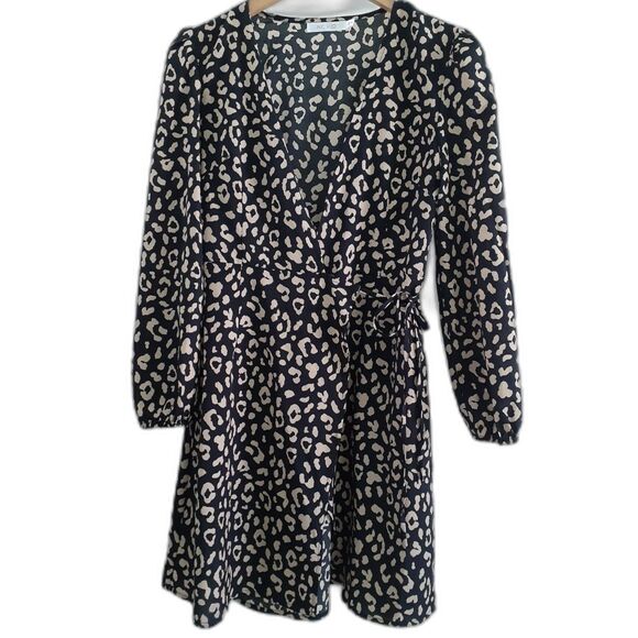 Nic & Jo Black Tan Cheetah Print Self Tie Wrap Around LS Casual Dress M - Picture 2 of 12